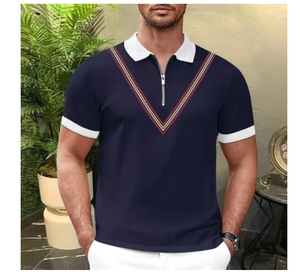 Men's <b>Navy</b> <b>Blue</b> Short Sleeve <b>Polo</b> <b>Shirt</b> With White Collar And Trim Zipper Design Knitted Breathable Solid Color Regular Fit - Product Image 1