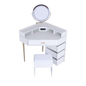 White Makeup <b>Vanities</b> Dressing <b>Table</b> Stool Set with Removable Tri-Color Illuminated <b>Mirror</b> Four Drawers with Outlets - Product Image 6