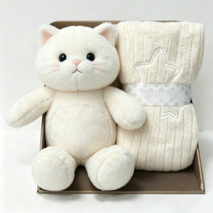 customized <b>boxed</b> newborn kitten stuffed toy <b>hamper</b>,white cat plush and knitted blanket <b>gift</b> set,cream‑tone baby shower plush - Product Image 6