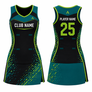 Vestido de Netball Personalizado sin Mangas para Mujer, Impresión por Sublimación, Poliéster Transpirable, Azul Verde, 25 Nombres de Jugadores, Nombre del Club - Product Image 1