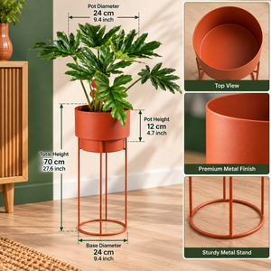 Support de plante en métal orange rouille haut avec pot de fleurs cylindrique moderne et base ronde fine pour plantes d'intérieur salon - Product Image 2