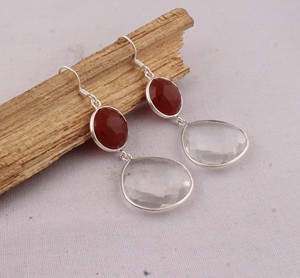 Natural <b>Red</b> Onyx and Crystal Quartz <b>Earrings</b> 925 Sterling Silver Handmade Multi-Stone Drop <b>Earrings</b> Wholesale Jewelry - Product Image 4