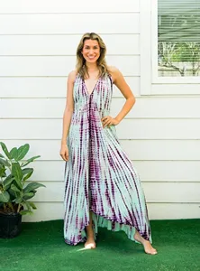Wholesale Women Rayon Tie Dye Deep V Neck Sleeveless Maxi <b>Dress</b> <b>Boho</b> Style Loose Fit <b>Summer</b> Beachwear - Product Image 4
