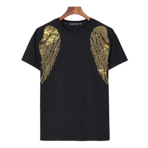 Camiseta Negra de Manga Corta con Cuello Redondo para Hombre, Corte Regular, Informal, Tejida, con Letras de Diamantes de Imitación en la Parte Delantera, Logotipo Personalizado - Product Image 6