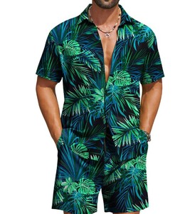 Conjunto de Camisa de Manga Corta con Estampado Tropical y Pantalones Cortos a Juego para Hombre, Atuendo Casual de Playa para Verano, Tejido de Poliéster Transpirable - Product Image 2