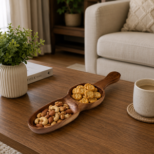 Plateau de service pour en-cas en bois d'acacia artisanal avec poignée |   Plateau à fruits secs à double compartiment, organisateur de table décoratif, cadeau - Product Image 3