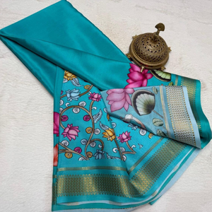 Sari ethnique de qualité supérieure en bleu sarcelle avec un design traditionnel de pallu à imprimé animalier - Product Image 2