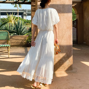Ensemble robe et jupe longue en dentelle à épaules dénudées pour femme, blanc, tenue décontractée d'été pour les vacances - Product Image 3