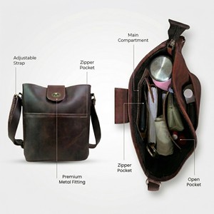 Women's Stylish Vintage Genuine Leather Clutch Adjustable Shoulder Strap Zipper Closure Durable Lightweight 3L+ - Product Image 5