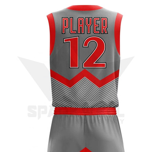 Ensemble de maillots de basket-ball géométriques gris et rouges personnalisés, sans manches, col en V, évacuation de l'humidité, impression sublimée, unisexe adulte, 100% polyester - Product Image 4