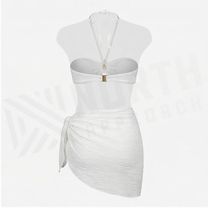 <b>White</b> Ribbed 2 Piece <b>Tankini</b> Set With Starfish Decoration Halter <b>Top</b> And Wrap Skirt For Women - Product Image 2
