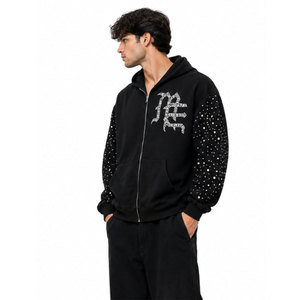 Sudadera con capucha negra para hombre, corte holgado, con estampado de letras brillantes y mangas con pedrería, estilo urbano, para invierno - Product Image 5