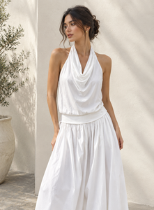 Combinaison ample en coton blanc uni pour femme, col halter sans manches avec pantalon large – Vente en gros - Product Image 3