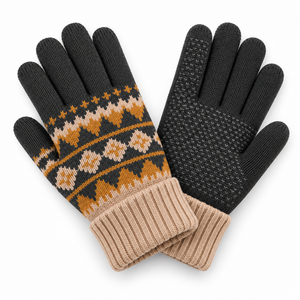 <b>Knit</b> Winter <b>Gloves</b> With Nordic Pattern Anti-Slip Texture Raised Micro-Diamond Fingertips Beige Cuff Cold Resistance - Product Image 6