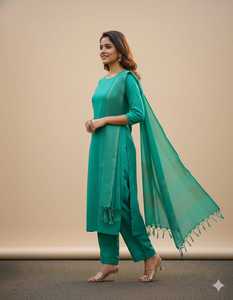 Elegant <b>Emerald</b> Green Floor-Length Women's <b>Dress</b> For Wedding Occasion Regular Fit Pure Tassar Silk Material India Pakistan Style - Product Image 3