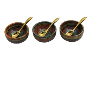Ensemble de 3 bols en bois multicolores de 4 pouces avec cuillères jetables de couleur dorée Ensemble de vaisselle pour la maison et la cuisine - Product Image 1
