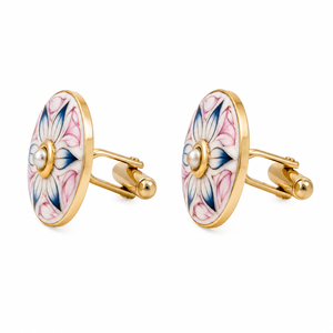 Mancuernillas Hechas a Mano con Flor de Loto Esmaltada para Hombre, con Acento de Perla, Mancuernillas de Latón Chapado en Oro, Regalo para Bodas y Aniversarios, Ropa Formal - Product Image 1