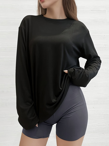 Camiseta de Manga Larga Oversize para Mujer, 100% Algodón Orgánico, Color Sólido, Corte Regular, Cuello Redondo, Estilo Casual, Venta al Por Mayor - Product Image 4