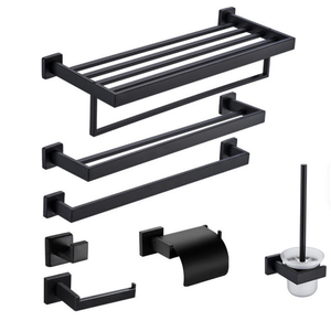 Wall Mounted <b>Bathroom</b> <b>Accessories</b> Set Black Metal Towel Rack Toilet Paper Holder Toothbrush Cup Holder Minimalist Design - Product Image 1