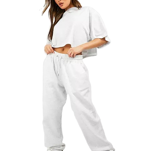 Ensemble 2 pièces pour femmes, blanc, manches longues, col à capuche, longueur normale, coupe régulière, décontracté, automne, couleur unie, pantalon de survêtement long - Product Image 1