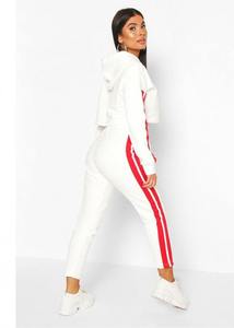 Women's <b>White</b> <b>2</b> <b>Piece</b> Sporty Tracksuit Set Full Sleeve Crop Top Ankle Joggers Red Side Stripes Knitted Polyester Regular Fit - Product Image 3