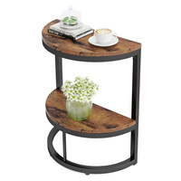 Table d'appoint demi-lune à 2 niveaux avec plateau en bois - Table console d'angle semi-circulaire avec structure en métal noir, table d'appoint pour canapé