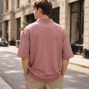 เสื้อโอเวอร์ไซส์ผู้ชายผ้าถักกันยับ พิมพ์โลโก้ตามสั่ง สีชมพูอมเทา ผ้าฝ้ายหนานุ่ม ทรงหลวม สไตล์ลำลอง สตรีทแวร์ - Product Image 5