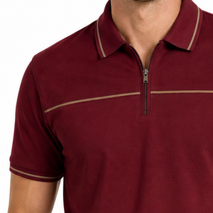 Polo pour homme de haute qualité, couleur bordeaux, avec fermeture éclair, passepoil crème, anti-humidité, style streetwear - Product Image 3