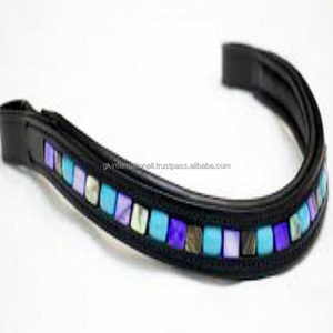 Bande de cuir marron de haute qualité pour cheval, en grain noir, rembourrage souple avec l'intérieur avec motif de pierre, chaîne scintillante - Product Image 1