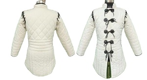 Medieval Gambeson Handmade Cotton <b>White</b> Viking Renaissance Costume Black Leather Trimmed Standard Thickness Mandarin Collar Belt - Product Image 2