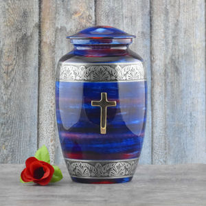 Wholesale Luxury Blue Sky Metal Cremation Urn Bulk Memorial Jar with Hot Air <b>Balloon</b> Cloud Design and Polished Enamel Finish - Product Image 1