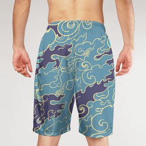 Shorts de bain pour hommes à séchage rapide avec motif nuage, taille à cordon de serrage, longueur mi-cuisse, maillot de bain décontracté imprimé bleu, violet, jaune - Product Image 2