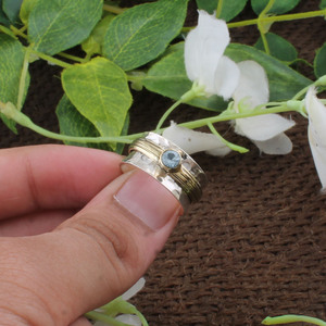 Shree Jaipur Silver Natural Blue Topaz Bezel Set Classic <b>Spinner</b> <b>Ring</b> 925 Sterling Silver Hammered Band Two-Tone Gold Accent - Product Image 3