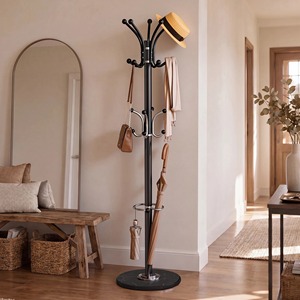 Perchero moderno de madera con ganchos para la entrada, diseño minimalista, base redonda, tipo de pie. - Product Image 2