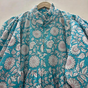 Mini-robe formelle en coton écologique, imprimée à la main motif floral, col en V, manches 3/4, ourlet à volants en dentelle, lavable, style chinoiserie naturel - Product Image 4