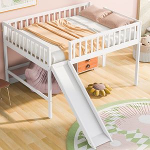 Letto a soppalco bianco a gamba bassa con scaletta e scivolo per bambini - Product Image 1
