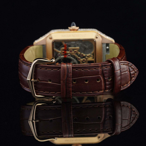 Montre analogique mécanique de luxe en acier inoxydable doré rose avec bracelet en cuir marron, cadran squelette et diamants Moissanite, style Hip Hop - Product Image 6