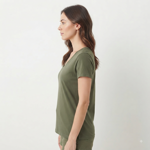 Camiseta de Manga Corta con Cuello en V para Mujer, Color Verde Oliva, Corte Regular, Tejido de Punto, Informal, para Todas las Temporadas, Color Sólido - Product Image 4