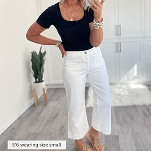 Vaqueros casuales de mujer de pierna ancha, cintura alta, corte cropped, acampanados, elásticos, holgados, con bolsillos de parche - Product Image 4