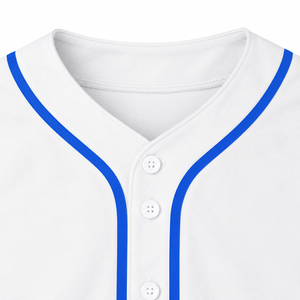 Maillot de baseball blanc avec bordure bleue, manches courtes, boutons sur le devant, unisexe, adulte, respirant, impression sublimée, polyester, personnalisable pour équipe sportive - Product Image 5