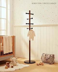 WALNUT WOODEN BABY ROOM <b>HANGER</b> <b>STAND</b> – FREESTANDING CLOTHES RACK WITH HOOKS FOR NURSERY & KIDS’ ROOM - Product Image 1