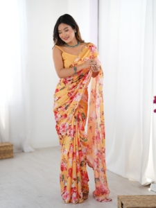 India Pakistan Style Regular Length Regular Fit <b>Orange</b> Chinon <b>Saree</b> with Mirror Work Women Traditional Party Wedding Wear - Product Image 4
