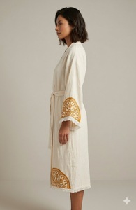 Vestido Kimono Bohemio Crema con Bordado, Manga Tres Cuartos, Largo Midi, Estilo Envolvente con Bordes Deshilachados, Corte Holgado, para Todas las Temporadas - Product Image 1