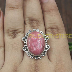 Natural Pink Rhodonite Gemstone <b>Ring</b> 925 Sterling Silver Handmade Vintage Oval Cabochon Gemstone <b>Boho</b> Statement Jewelry Gift him - Product Image 5