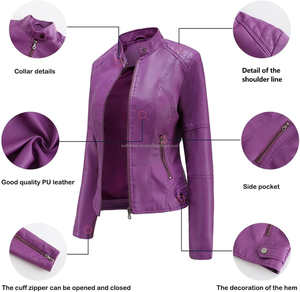 Chaqueta de cuero estilo moto para mujer al por mayor otoño viscosa púrpura motorista diseño ajustado cierre de cremallera cuello levantado transpirable - Product Image 1