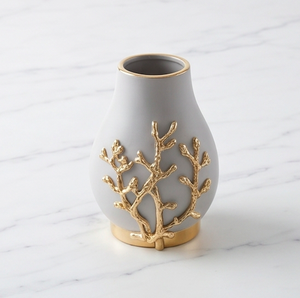 Vase en céramique gris avec relief corail doré et accents métalliques – Pièce d'exposition élégante pour mariages ou tables de fête - Product Image 1