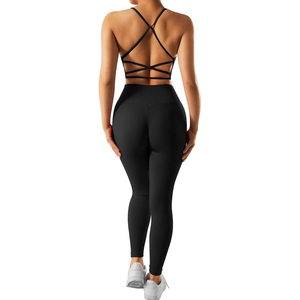 Ensemble de leggings de yoga noirs taille haute, longueur intégrale, couleur unie, côtelés, en Spandex et Polyester, pour femme, pantalon d'entraînement sans couture à taille élastique - Product Image 3