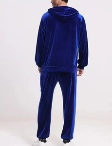 <b>Men</b> Burgundy Velvet <b>Tracksuit</b> Full Sleeve Solid Color Casual Hooded Jogger Pants Set Loose Fit Winter Wear - Product Image 3