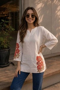 Robe trapèze décontractée bohème pour femme, blanche, brodée de fleurs, infroissable, à manches longues, séchage rapide, longueur midi, pour le quotidien - Product Image 2