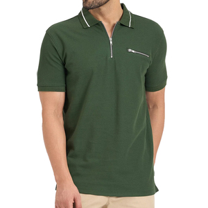 Polo en tricot à manches courtes pour homme, vert olive, avec fermeture éclair, couleur unie, coupe classique - Product Image 1